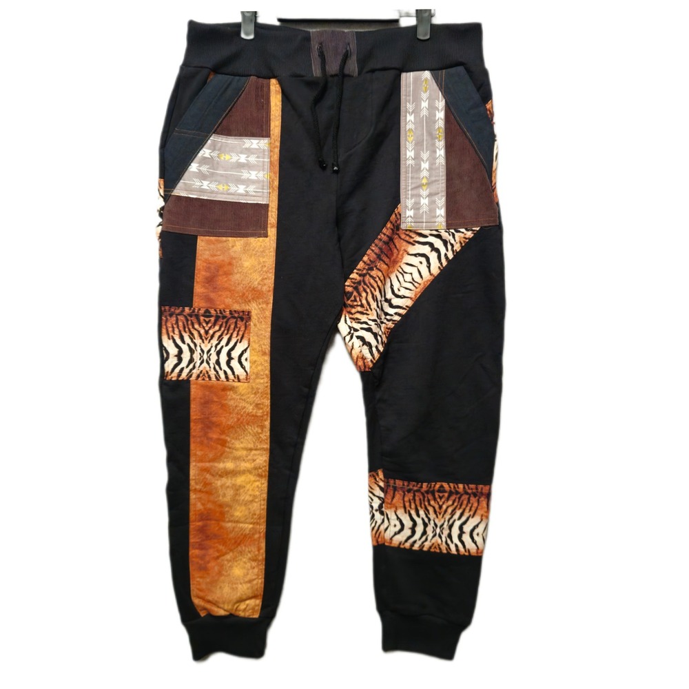 LOBO CREATIONS Patchwork Joggers Large Handmade Tiger Print Boho Hippie Elastic